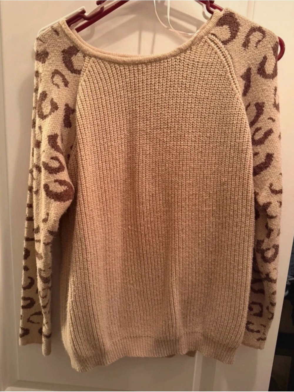 easel Beige Crewneck Sweater with Leopard-Print Sleeves